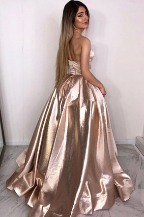 Strapless Rose Gold A Line Long Simple Prom Dress DMK86