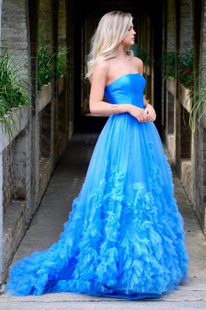 A-Line Strapless Long Prom Dress with Train DMO55
