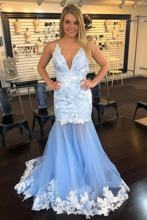 Mermaid V-Neck Tulle Long Prom Dress with Lace Appliques DMK81