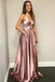 A Line Pink Spaghetti Straps Long Split Prom Dresses With Pockets DMK35