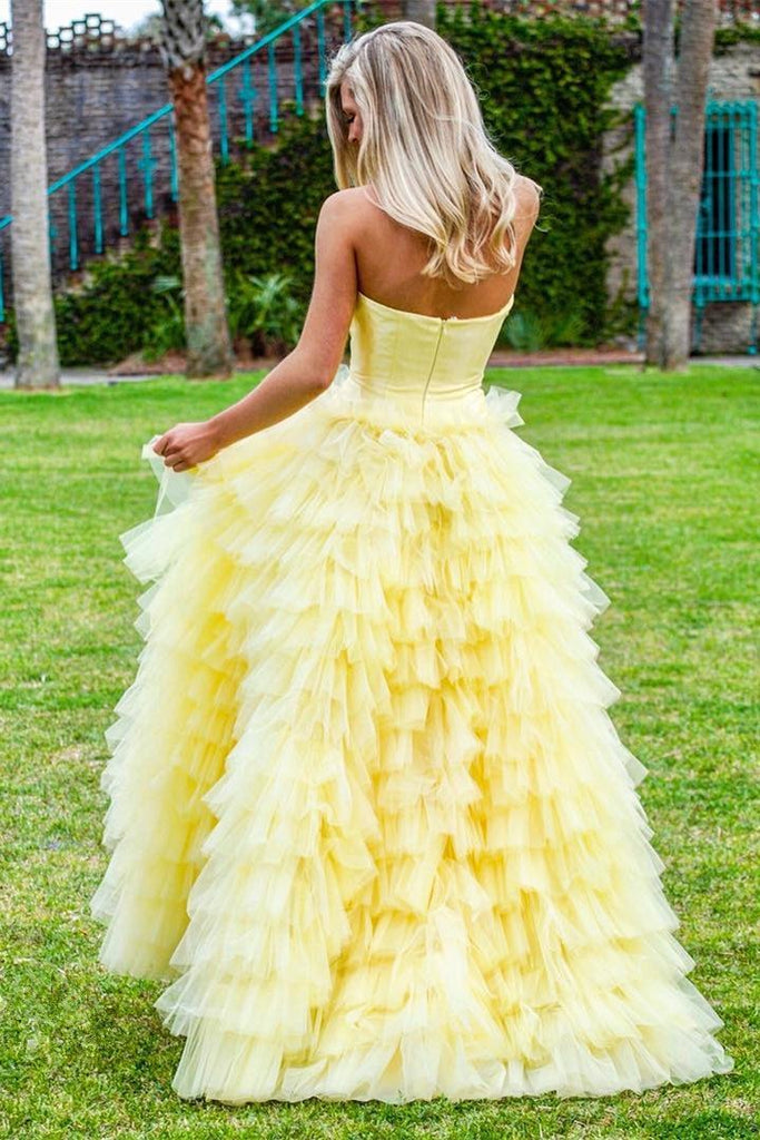 Princess Strapless Tiered Floor Length Yellow Ball Gown Prom Dress DML3