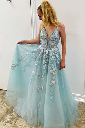 Spaghetti Straps Floral Appliques Long Prom Dress With Beading DMK77
