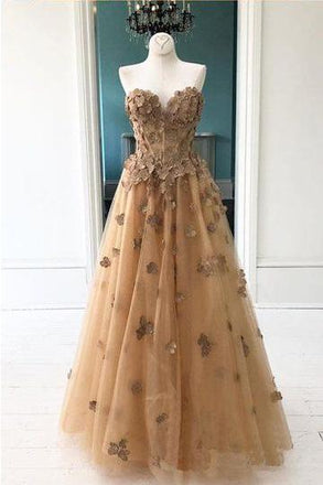 Elegant A-Line Sweetheart Appliqued Brown Prom Dress DML96