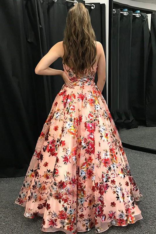 A-Line Spaghetti Straps Floral Print Long Prom Dress DML94