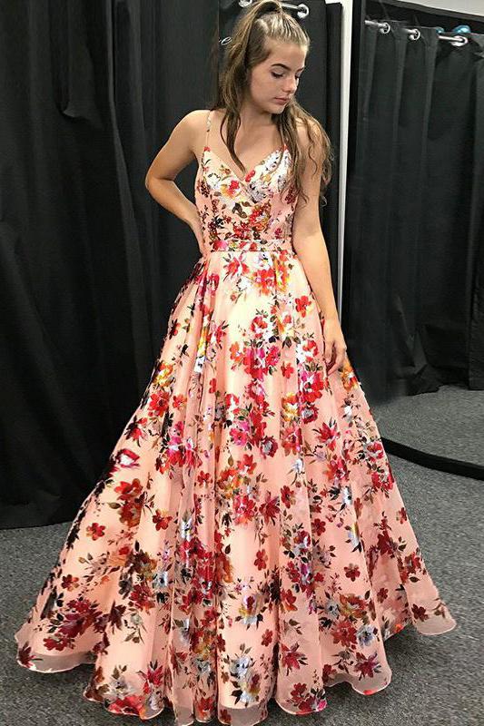 A-Line Spaghetti Straps Floral Print Long Prom Dress DML94