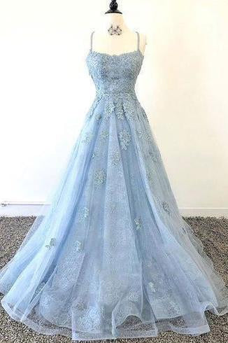 Lace Appliques Sky Blue Prom Dress with Criss Cross Back DMP13