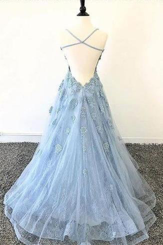 Lace Appliques Sky Blue Prom Dress with Criss Cross Back DMP13