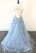 Lace Appliques Sky Blue Prom Dress with Criss Cross Back DMP13