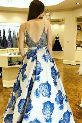 Classy Spaghetti Straps Beading Floral Print Prom Dress DML97