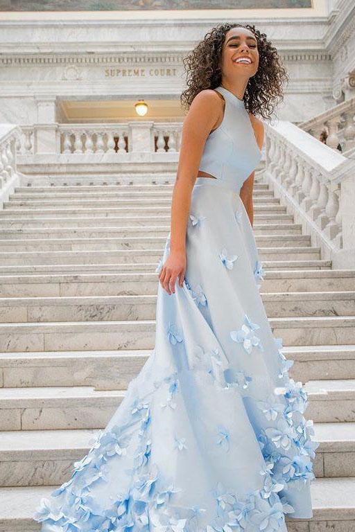 Two Piece Flowers Appliques Light Sky Blue Prom Dress DML99