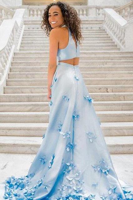 Two Piece Flowers Appliques Light Sky Blue Prom Dress DML99