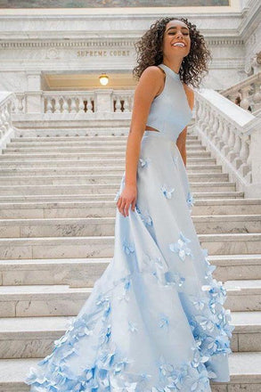 Two Piece Flowers Appliques Light Sky Blue Prom Dress DML99