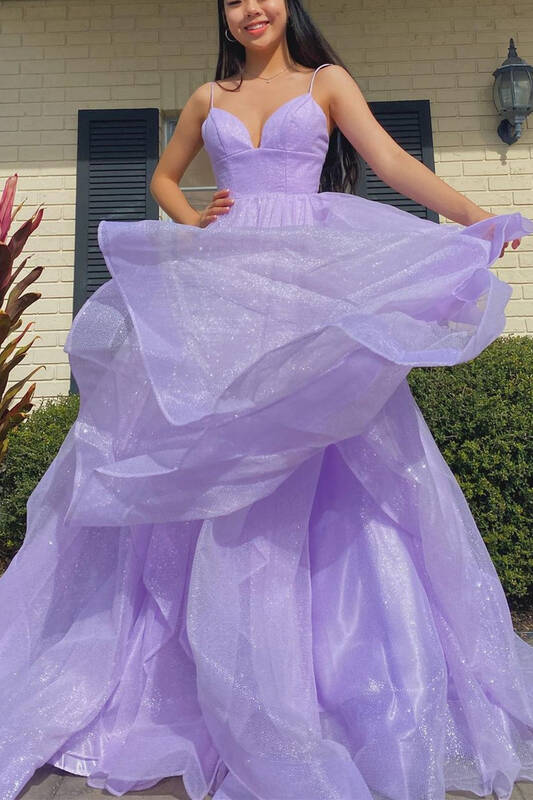 Princess Lilac Tiered Spaghetti Straps A Line Long Prom Dress Fashion Party Dresses DM1044