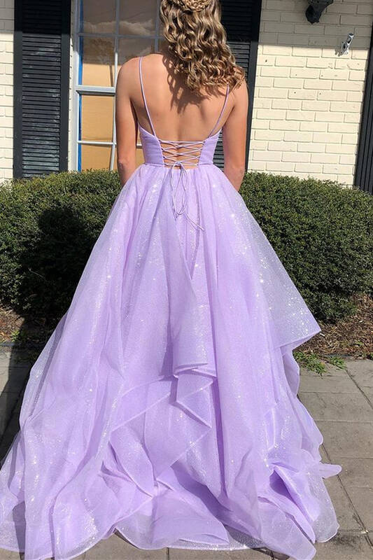 Princess Lavender Tiered Spaghetti Straps A Line Long Prom Dress DMP024