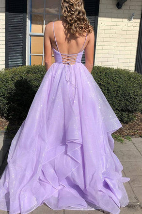 Princess Lilac Tiered Spaghetti Straps A Line Long Prom Dress Fashion Party Dresses DM1044