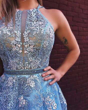 Exquisite Sky Blue Lace Appliques A-Line Long Prom Dresses Formal Evening Gowns DMP196