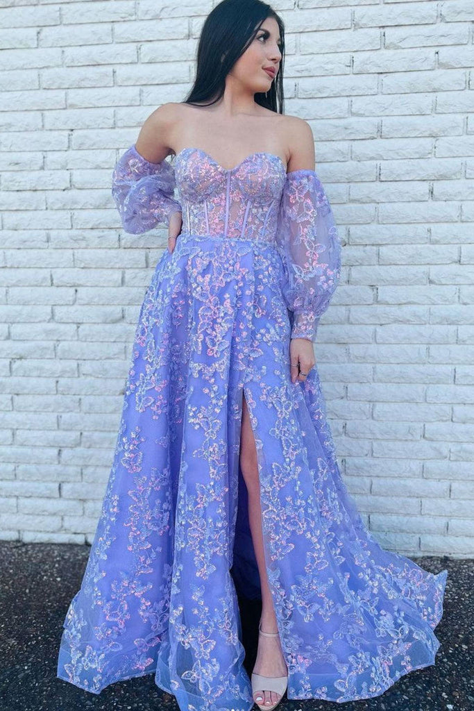 Purple Tulle Lace Appliques Long Prom Dress, Lavender A Line Formal Evening Dress DMP255