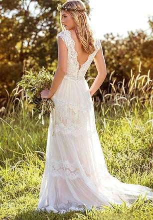 Bohemian A Line V Neck Lace Bridal Gown Simple Beach Wedding Dresses DMK37