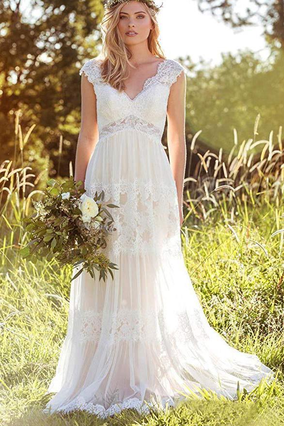 Bohemian A Line V Neck Lace Bridal Gown Simple Beach Wedding Dresses DMK37