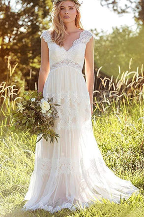 Bohemian A Line V Neck Lace Bridal Gown Simple Beach Wedding Dresses DMK37