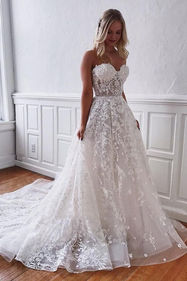 Gorgeous Sweetheart Sleeveless A Line Tulle Wedding Dresses with Floral Appliques DMW34
