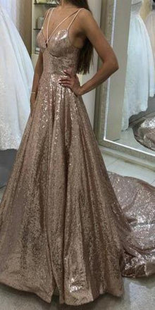 Sparkly Sequin V Neck Long Junior Prom Dresses with Straps DMI27