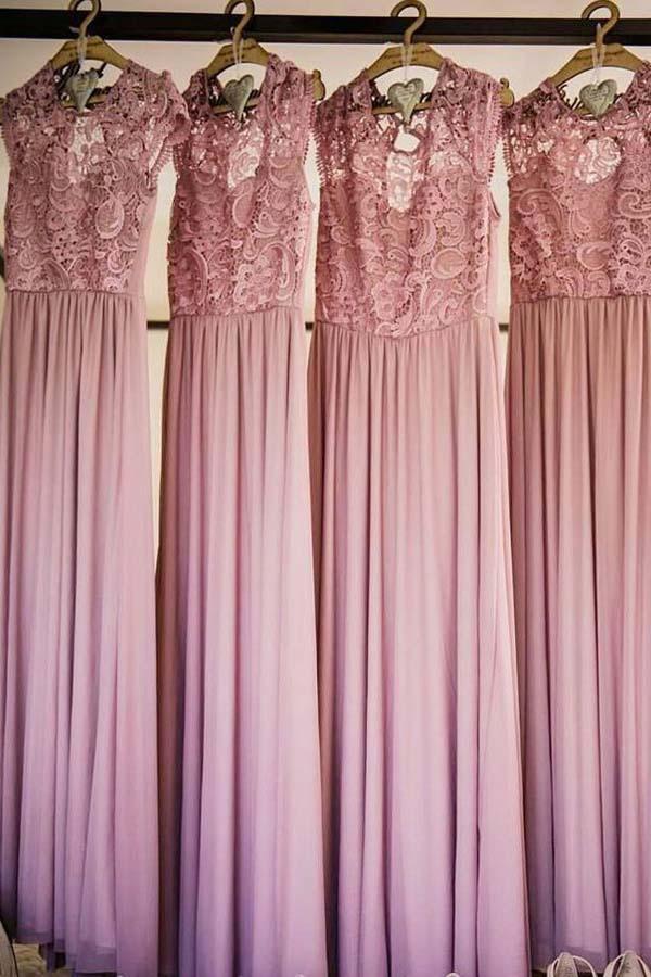 Round Neck A Line Cap Sleeves Chiffon Long Bridesmaid Dress with Lace DM932