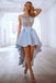Blue Lace Apppliques Satin Prom Dress High Low Prom Gown DMQ44