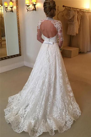 Elegant Lace A-line Long Sleeves High Neck Open Back Wedding Dresses DM542