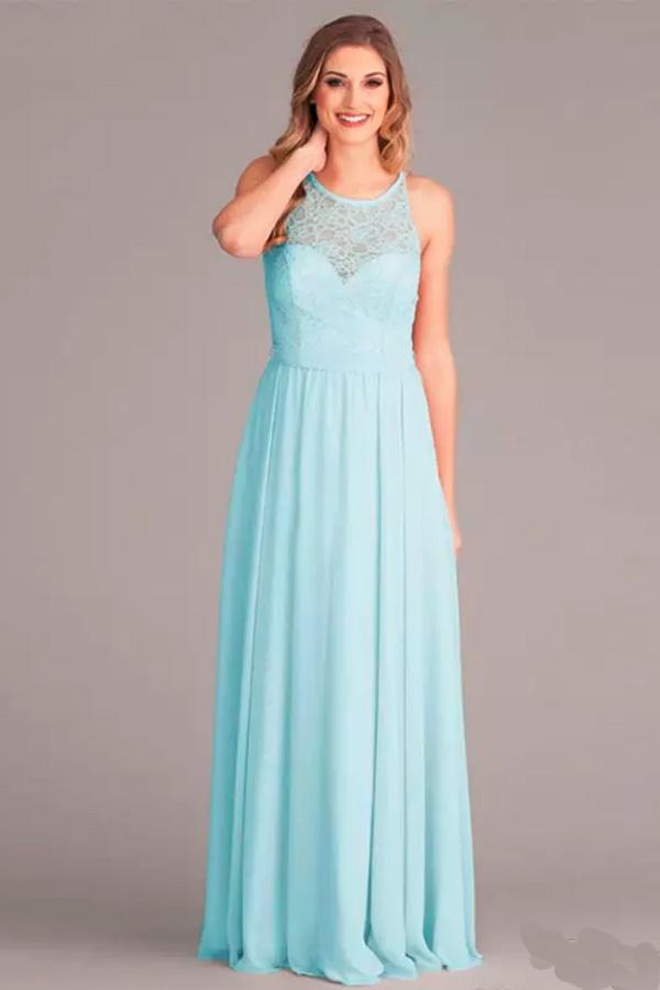 New Arrival A-Line V-Neck Floor-Length Mint Open Back Chiffon Bridesmaid Dress with Lace DM929