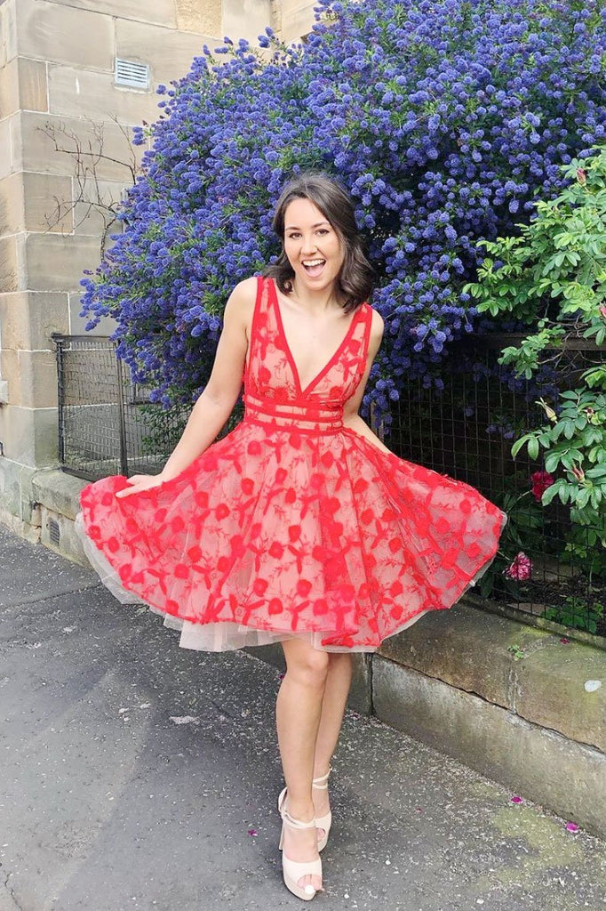 Red V Neck  A Line Tulle Lace Short Homecoming Dress DMP34