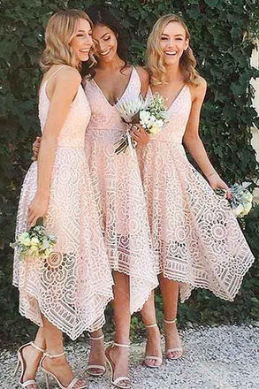 Navy Blue/Pink Deep V-neck Spaghetti Straps Sleeveless Asymmetry Lace A-line Bridesmaid Dress DM236