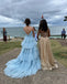 Charming A Line V Neck Light Blue Tulle Long Prom Dresses Evening Gown DMP271
