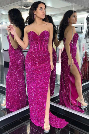 Elegant Sequins Mermaid Sweetheart Long Prom Dresses Formal Evening Dresses with Slit DMP237