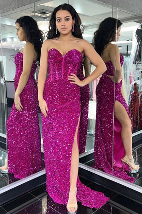 Elegant Sequins Mermaid Sweetheart Long Prom Dresses Formal Evening Dresses with Slit DMP237
