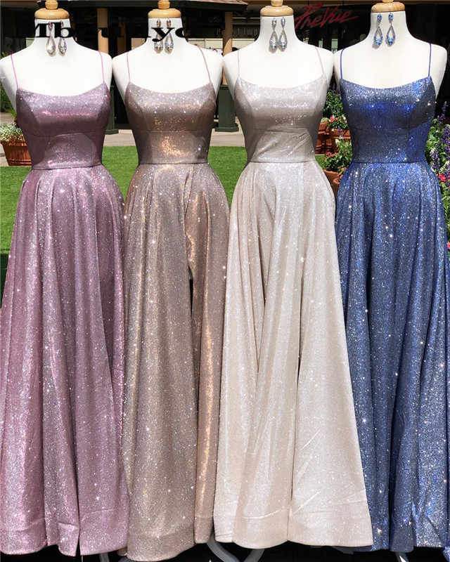 Sexy A-Line Sparkle Long Prom Dresses With Split Pocket Backless Evening Dress DMP053