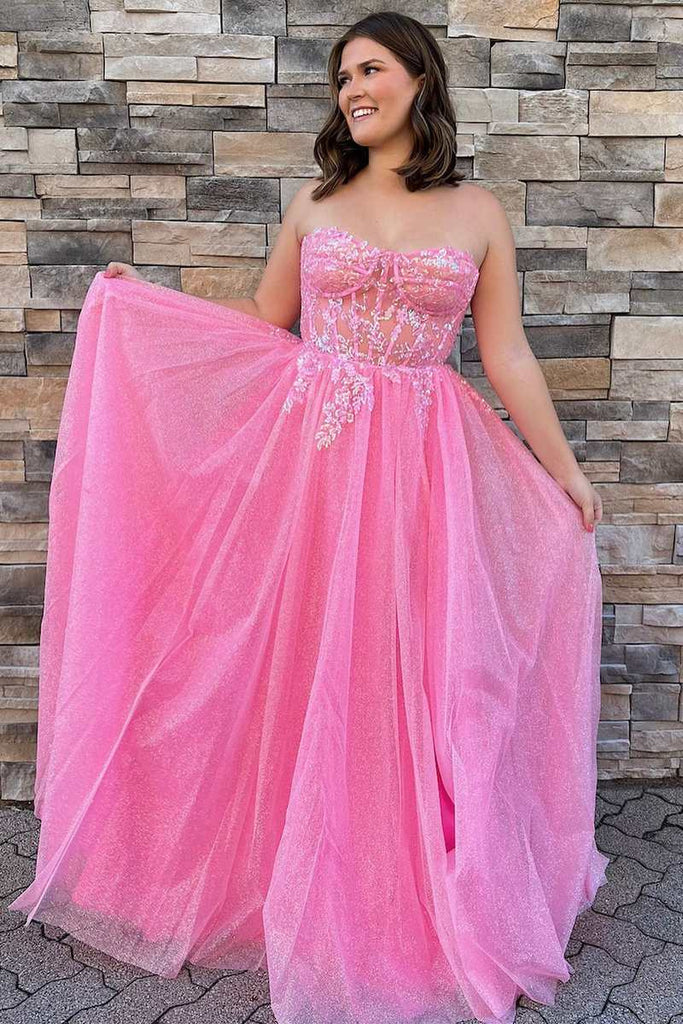 Glitter Strapless Hot Pink Appliques A-Line Prom Dress Evening Gown DMP276