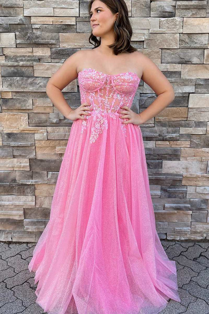 Glitter Strapless Hot Pink Appliques A-Line Prom Dress Evening Gown DMP276