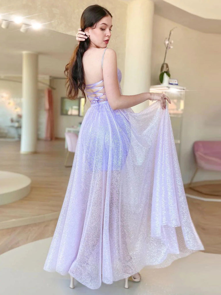 A-Line Lavender Shiny Tulle Long Prom Dress, Purple Formal Evening Dress DMP286