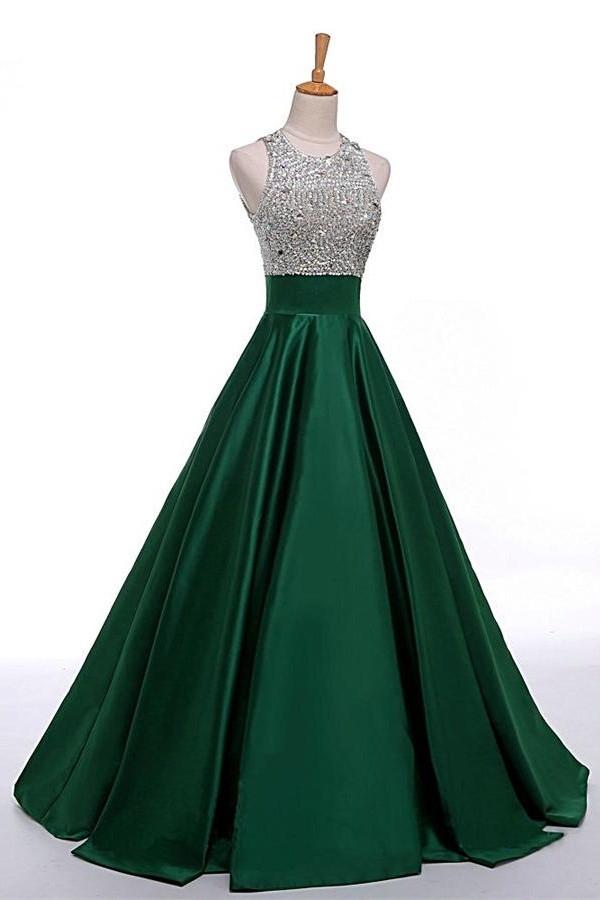 Beautiful Green Satin Beading Long Simple Cheap Handmade Prom Dresses K717