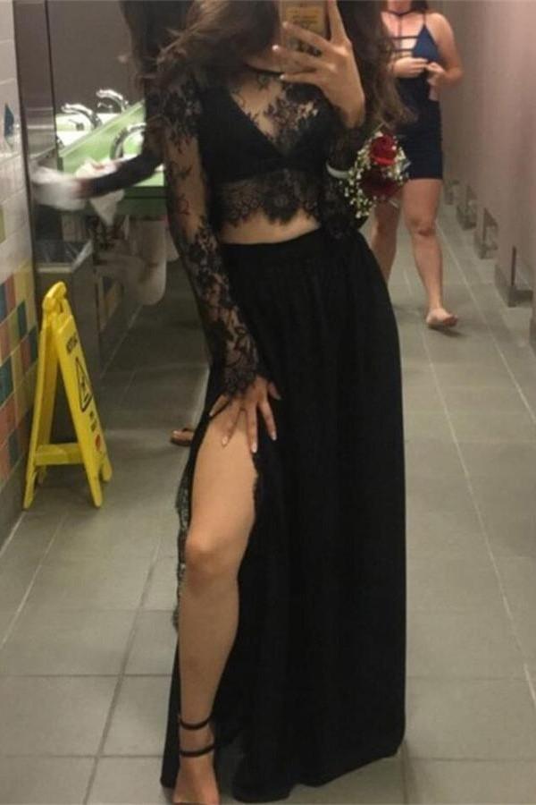 Black Long Sleeves Lace Two Pieces Sexy Prom Dresses For Teens Demodresses Black Long Sleeves Lace Two Pieces Sexy Prom Dresses For Teens Demodresses