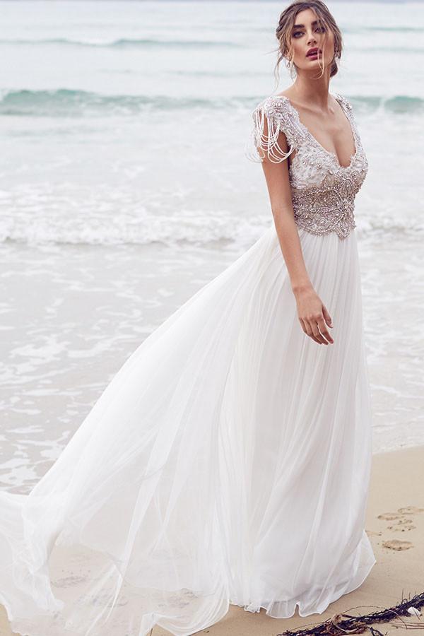 Sexy Beading A Line Chiffon V-neck Long Beach/Coast Wedding Dresses Demodresses Sexy Beading A Line Chiffon V-neck Long Beach/Coast Wedding Dresses Demodresses