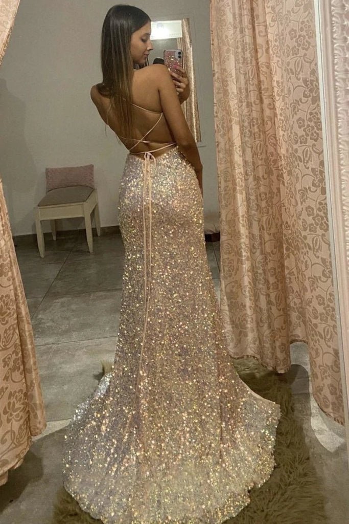 Mermaid Sequins Long Prom Dresses Sexy Sleeveless Evening Dress With Slit DMP185