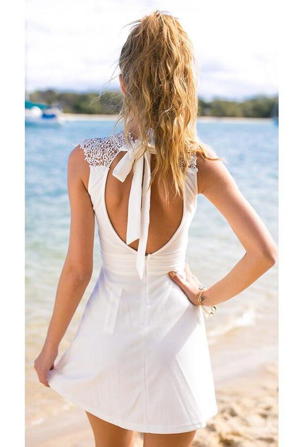 A Line Lace Cute Short White Open Back Homecoming/Cocktail Dresses,Sweet 16 Dress DM281