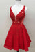 Custom Red Lace V Neck A Line Short Homecoming Dresses DMO61