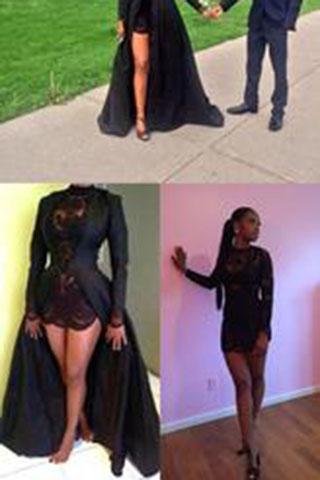 Vintage Long Sleeve Sexy Black A-Line Lace Satin Prom Dresses DME16