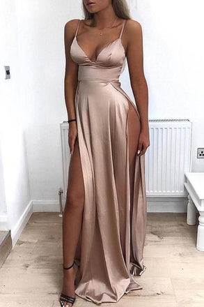 A Line Spaghetti Straps Sexy Slit Prom Dresses. Cheap Long Evening Dress DMJ26