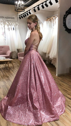 A-line Scoop Spaghetti Straps Sparkle Long Prom Dress with Pockets DMP006