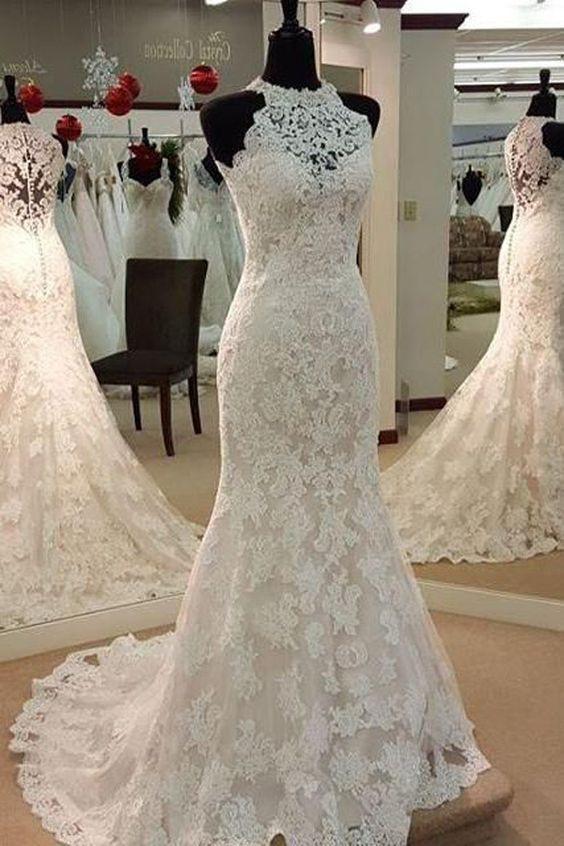 Elegant Mermaid Sleeveless Lace Wedding Dress,Cheap Bridal Dresses DMC74