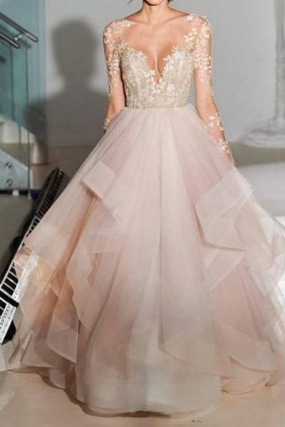 Elegant A-Line Long Sleeves Tulle Backless Pink Wedding Dresses With Appliques DM543